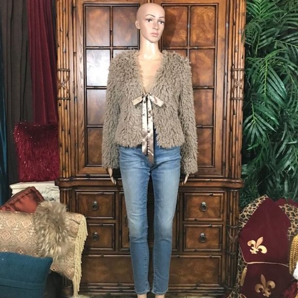 Max Studio Faux Curly Lamb Fur Satin Tie Jacket - Picture 4 of 11